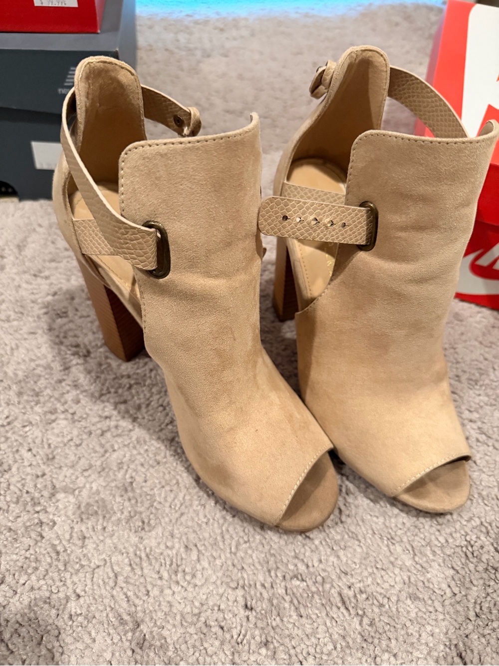 Shoe Dazzle Beige Suede Open-Toe High Heel Booties